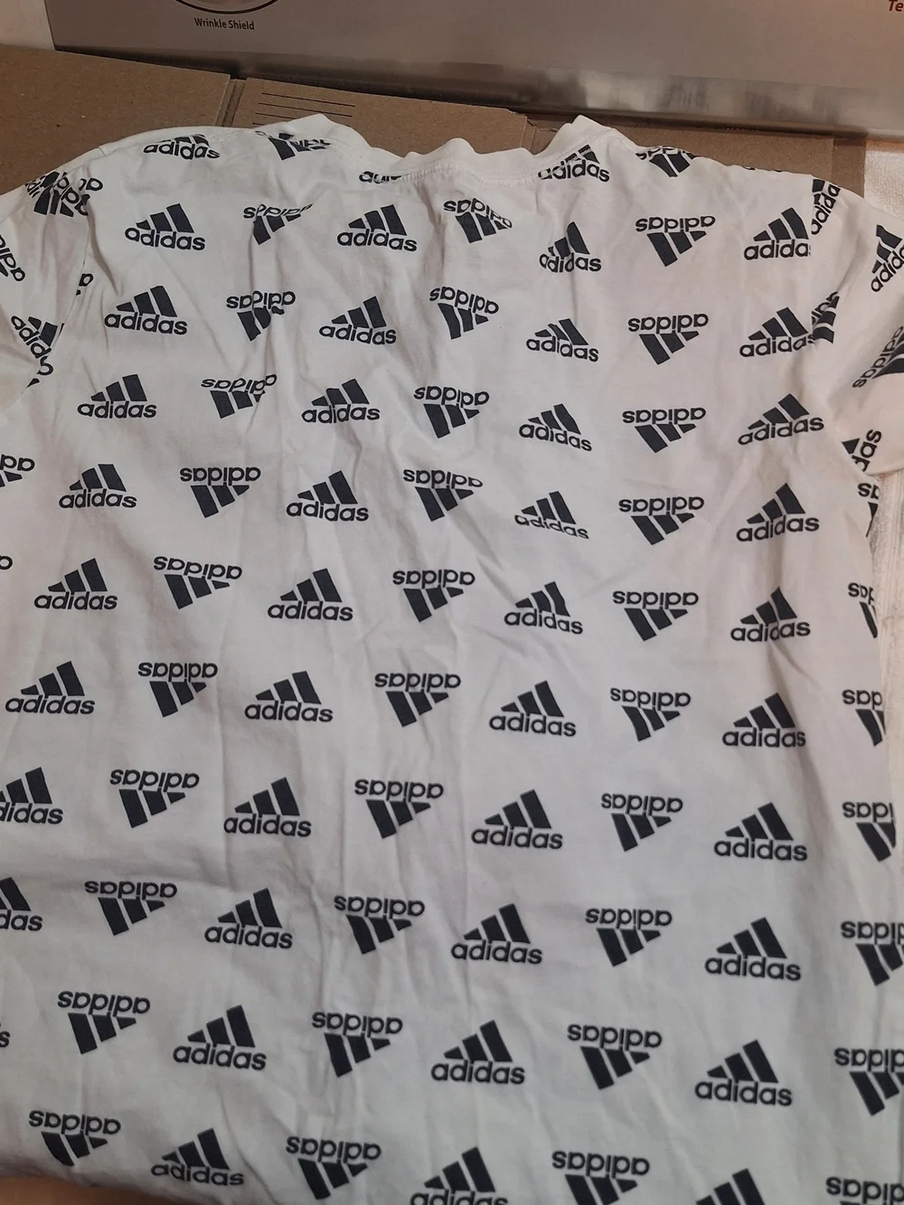 adidas White Tee with Black Logo Allover Print